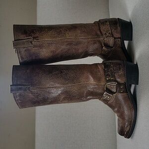 $498 Frye Harness Brown Distressed Leather Motorcycle Cowboy Pullon Boots USA 7